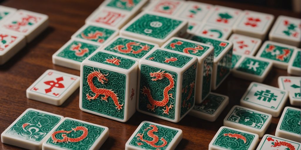 Close-up of Mahjong dragon tiles in traditional layout