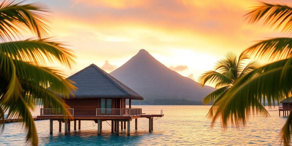 Overwater bungalow in Bora Bora at sunset.