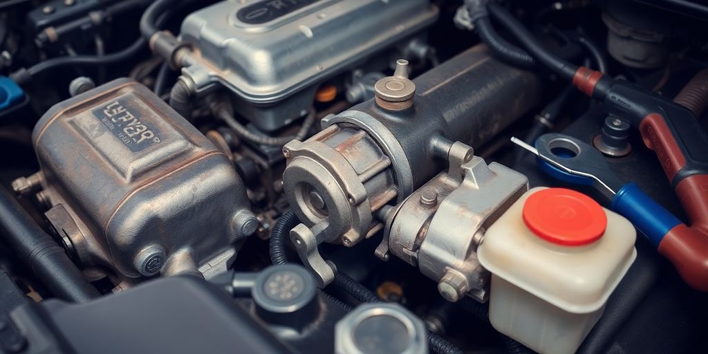 Car engine bay with starter motor and fuel pump visible.