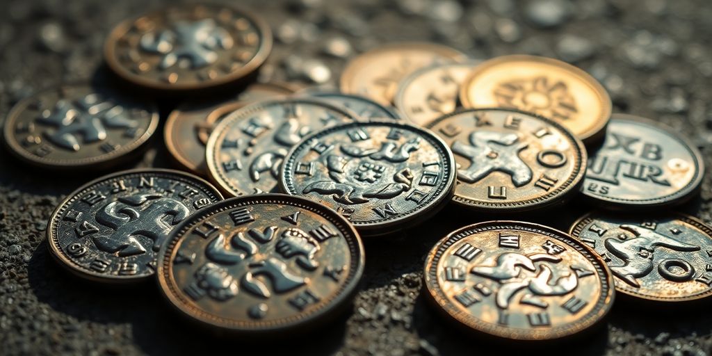 Close-up of ancient coins with detailed designs.