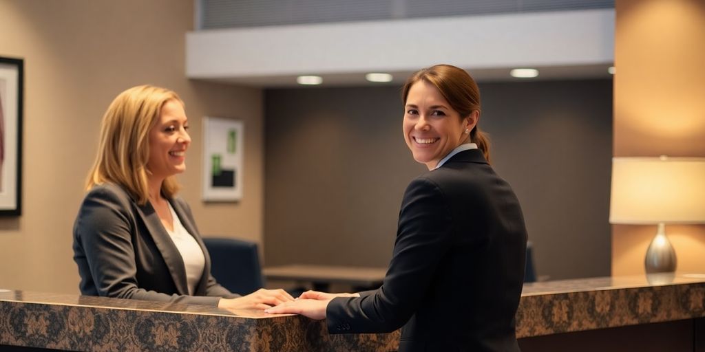 Front desk staff smiling, engaging with a customer.