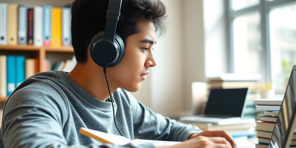 Estudante ouvindo lições em áudio com fones de ouvido.