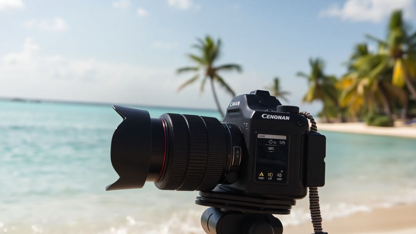 Plage ensoleillée de Guadeloupe avec palmiers et caméra.
