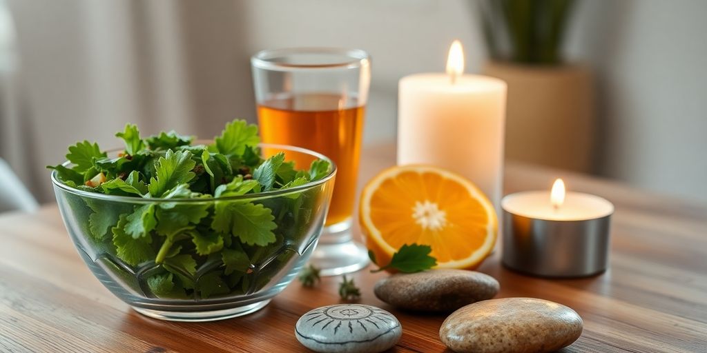 Assorted healthy foods and relaxing elements.