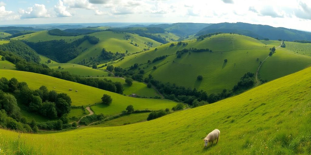 Groene glooiende heuvels met verborgen valleien en grazende witte schapen