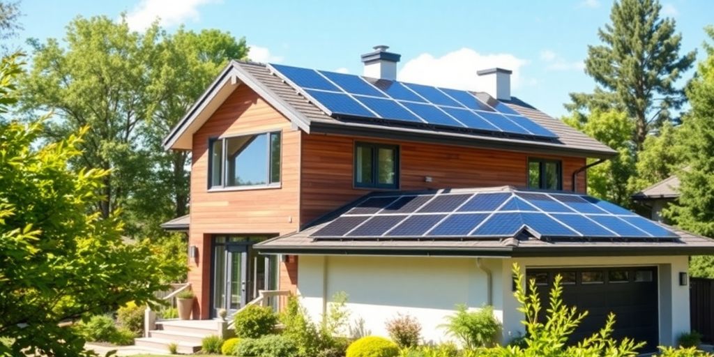 Modern home with solar panels on the roof.