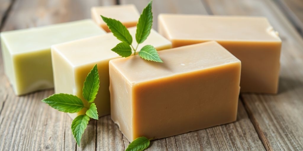 Homemade soap bars on a wooden surface with green leaves.