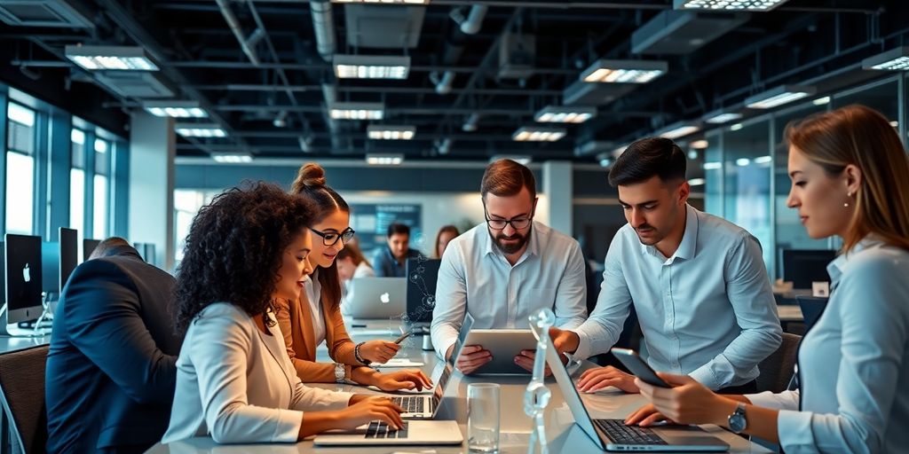 Diverse professionals collaborating with AI automation in a modern office.