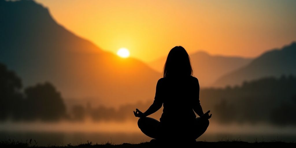 Silhouette meditating at sunrise in a peaceful landscape.
