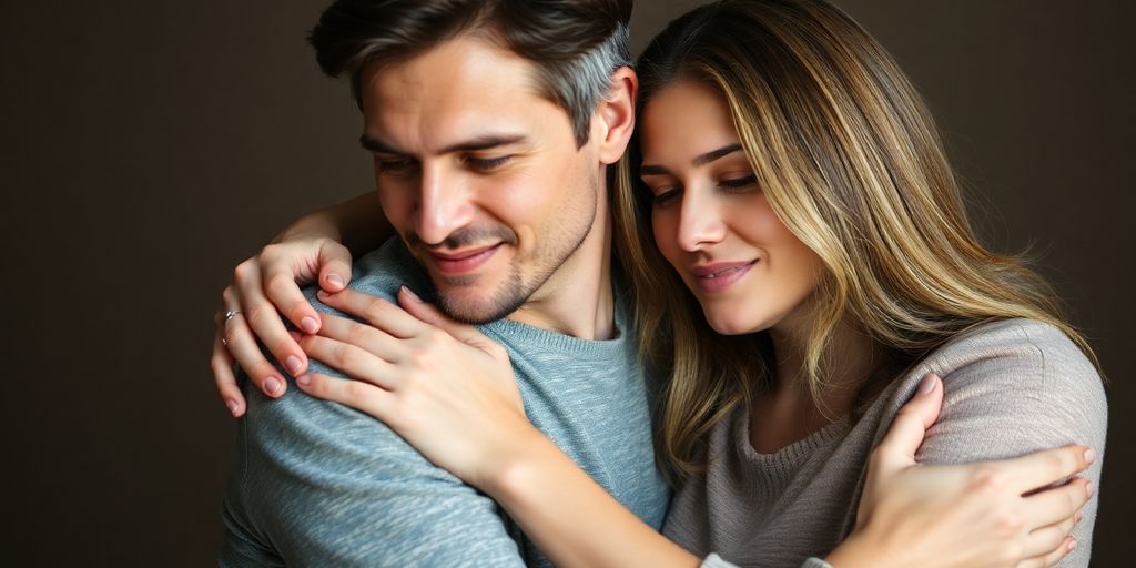 Couple embracing with a third person.