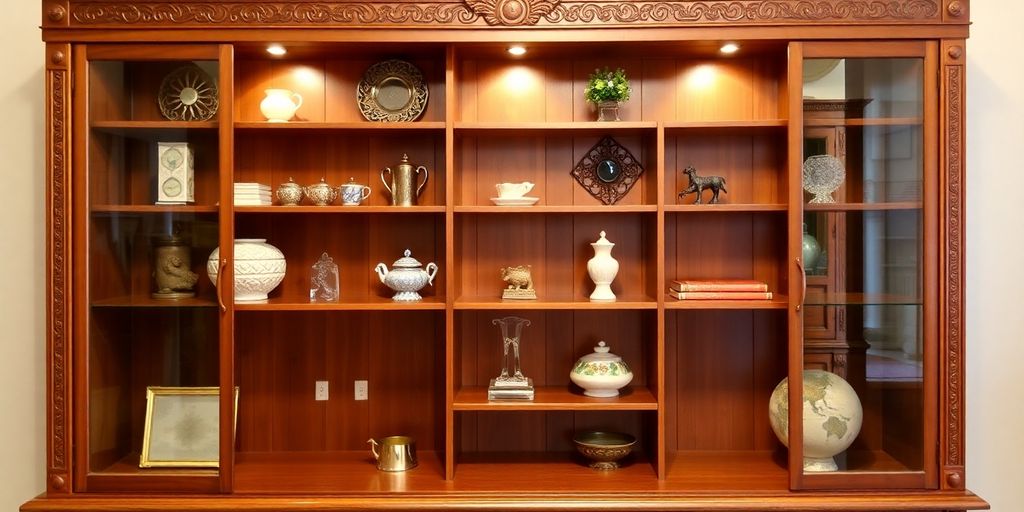 Custom wooden cabinetry with decorative items on shelves.