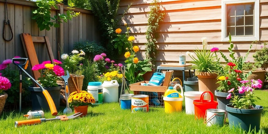 Backyard tools and supplies for outdoor home repair projects.