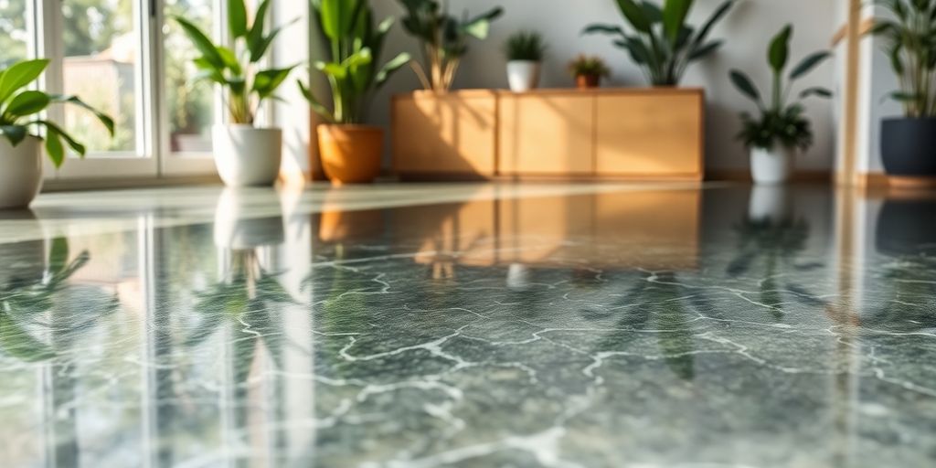 Close-up of eco-friendly epoxy flooring with plants.