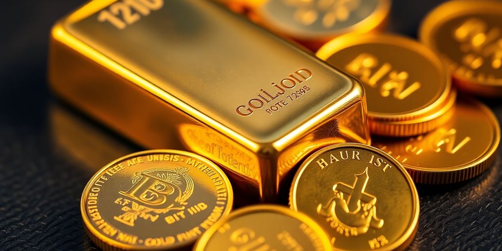 Barre d'or et pièces dorées sur un fond neutre.
