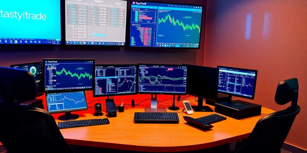 Modern trading desk with multiple screens and devices.
