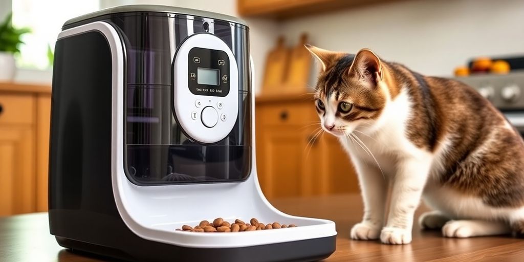 Cat Mate C500 automatic feeder in a kitchen setting.