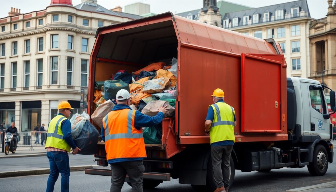 Waste clearance team loading rubbish in London.