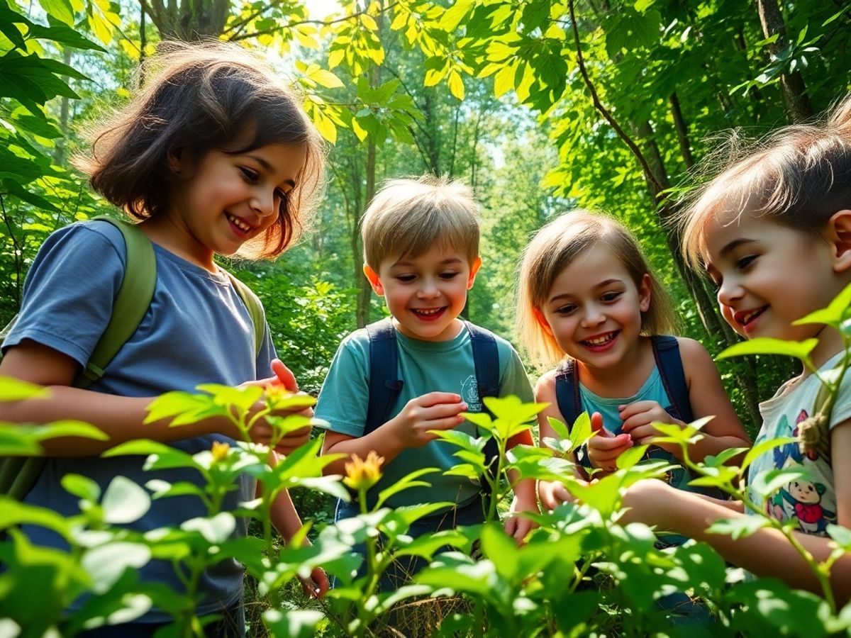 Copii explorând natura într-o pădure verde.