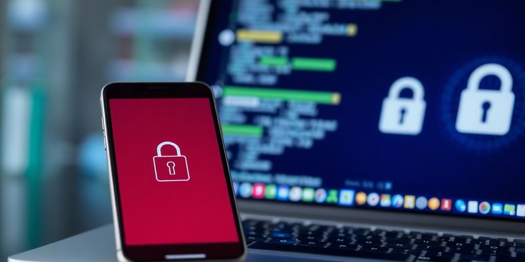 Smartphone and laptop depicting digital security measures.