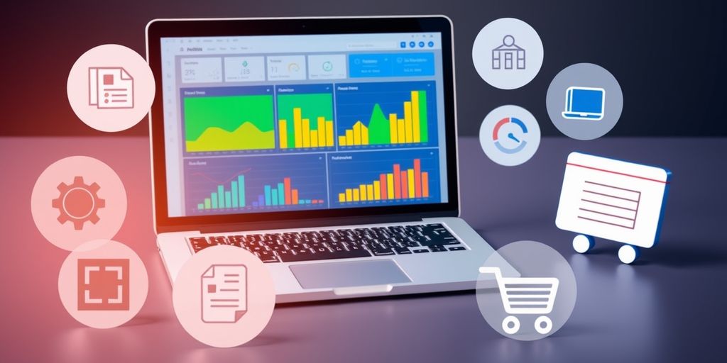 Laptop with analytics dashboard and e-commerce icons