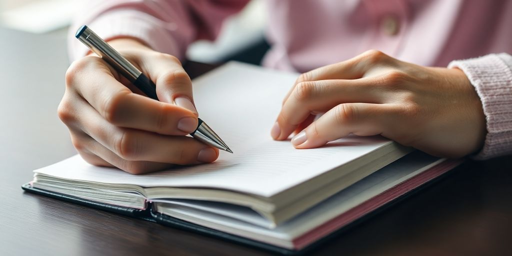 Person writing in a journal close-up.
