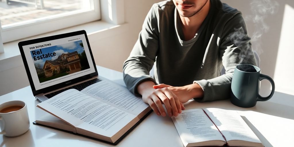 Person studying, real estate book, laptop, coffee.