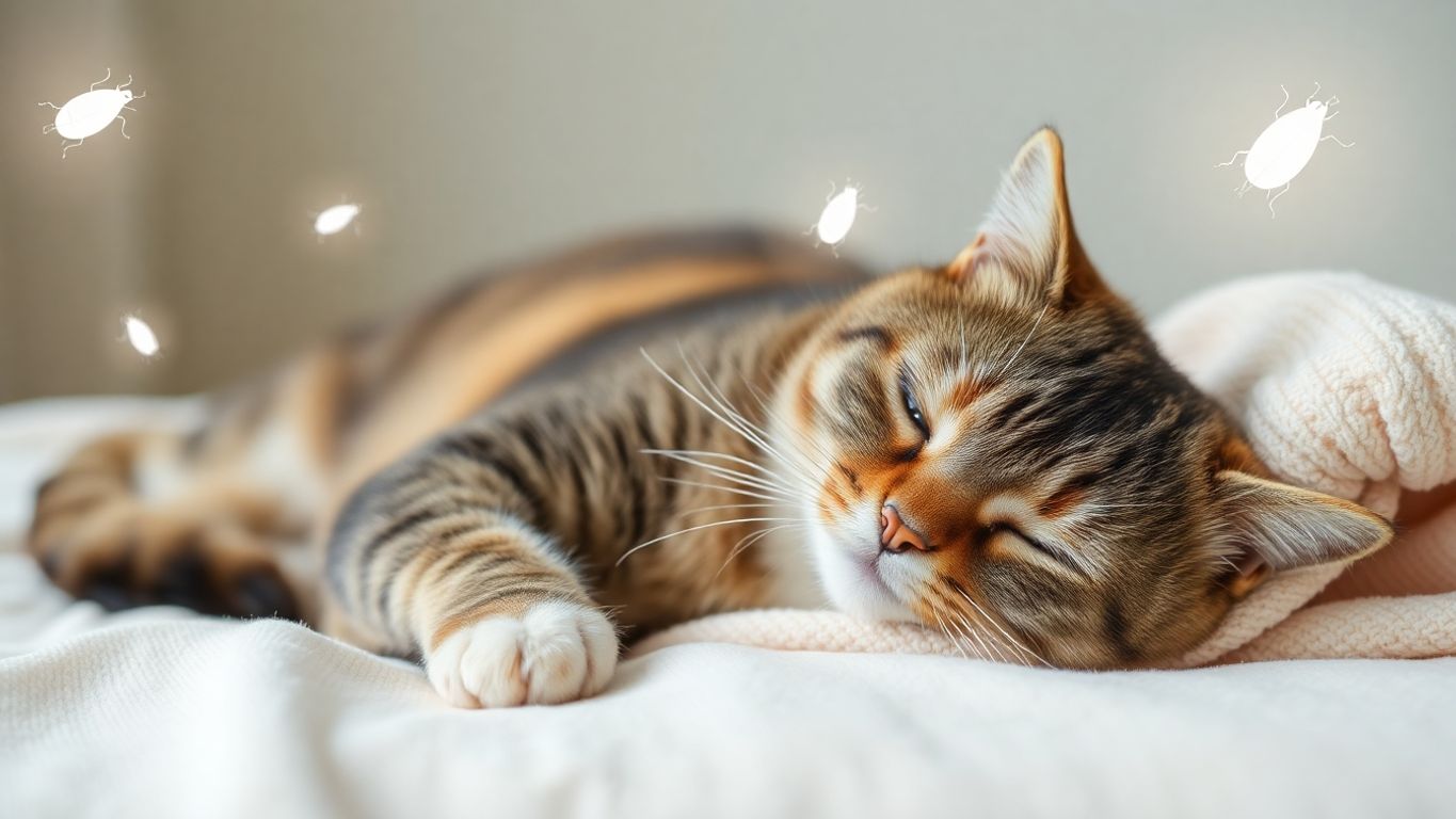 Calm cat on blanket with flea icons in background.