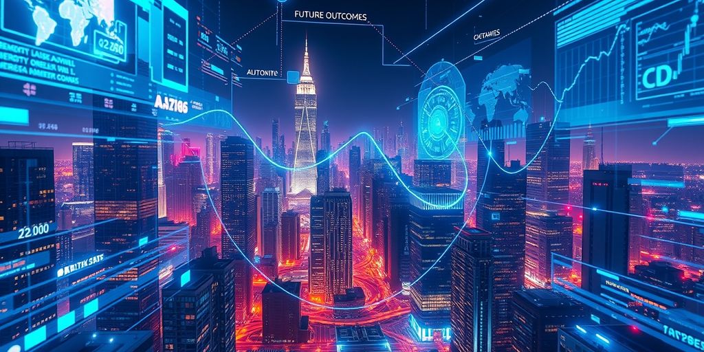 Futuristic cityscape with data streams and holographic charts