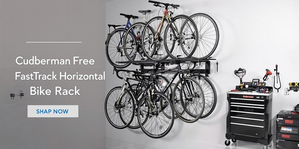 Rubbermaid FastTrack bike rack in a tidy garage setting.