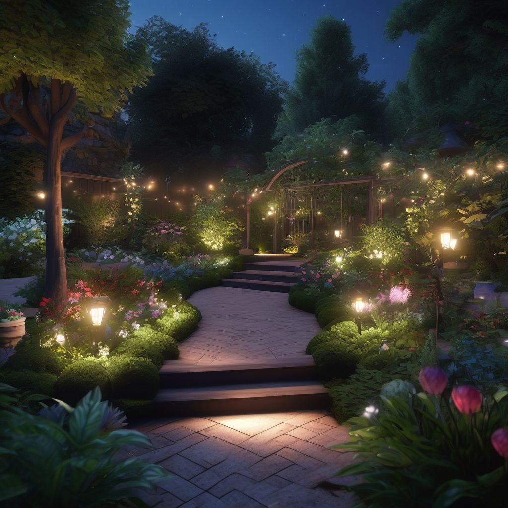 beautiful garden paradise with magical lighting at night