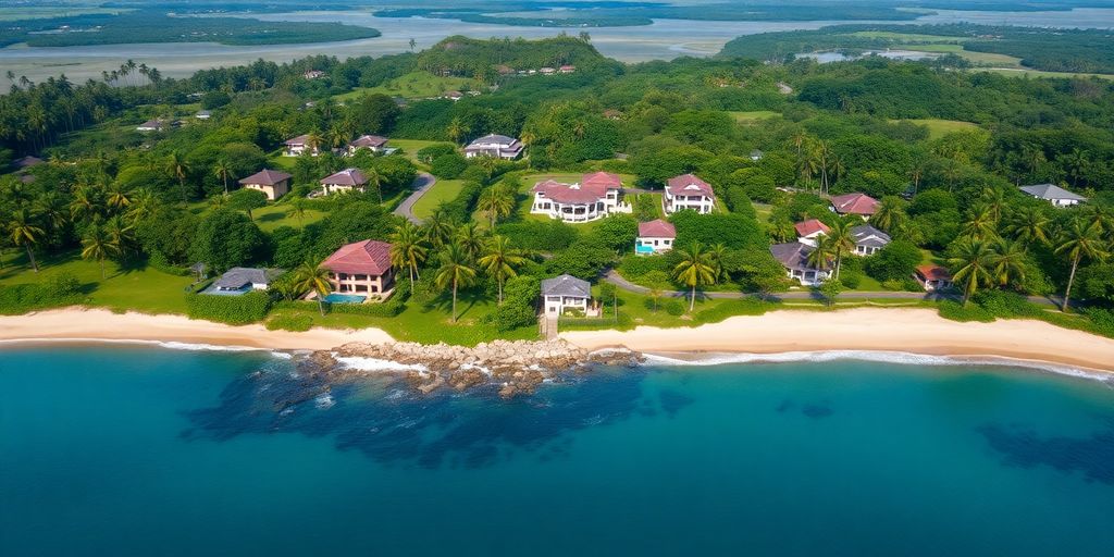 Aerial view of Bali's landscape with villas and beach.