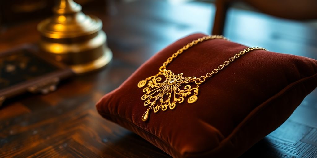 Collier en or posé sur un coussin en velours.