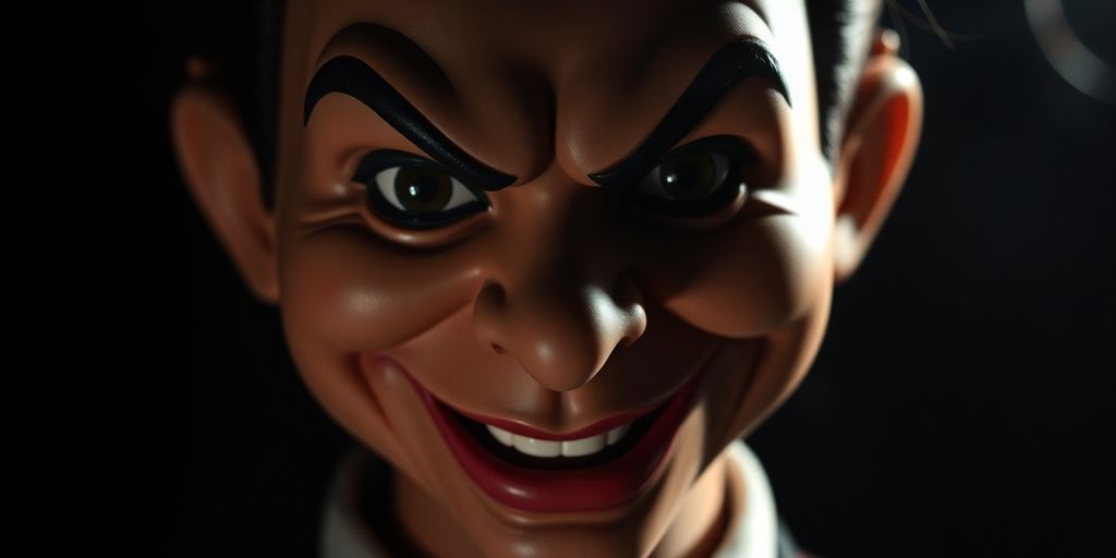 Distorted doll face, evil grin, dark shadows.