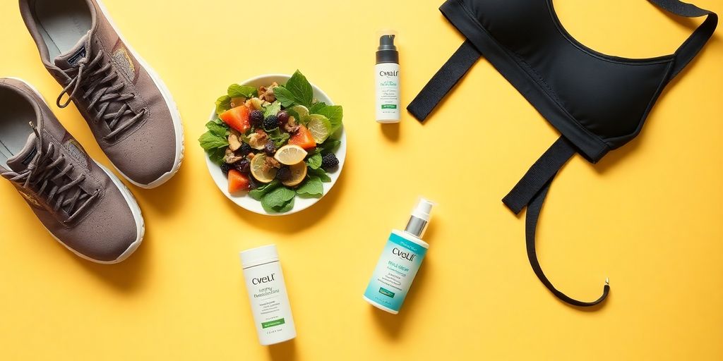 Healthy meal, skincare, and workout gear on a bright background.