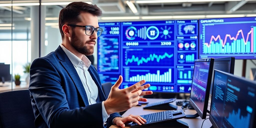 Preduzetnik koristi AI tehnologiju u modernom kancelarijskom okruženju.