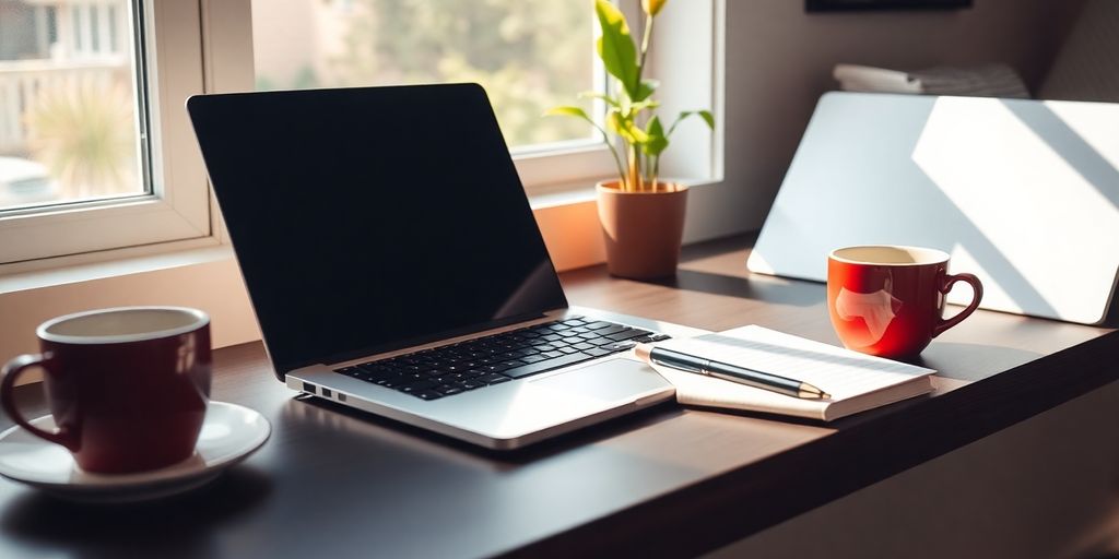 A cozy workspace for blogging with laptop and coffee.