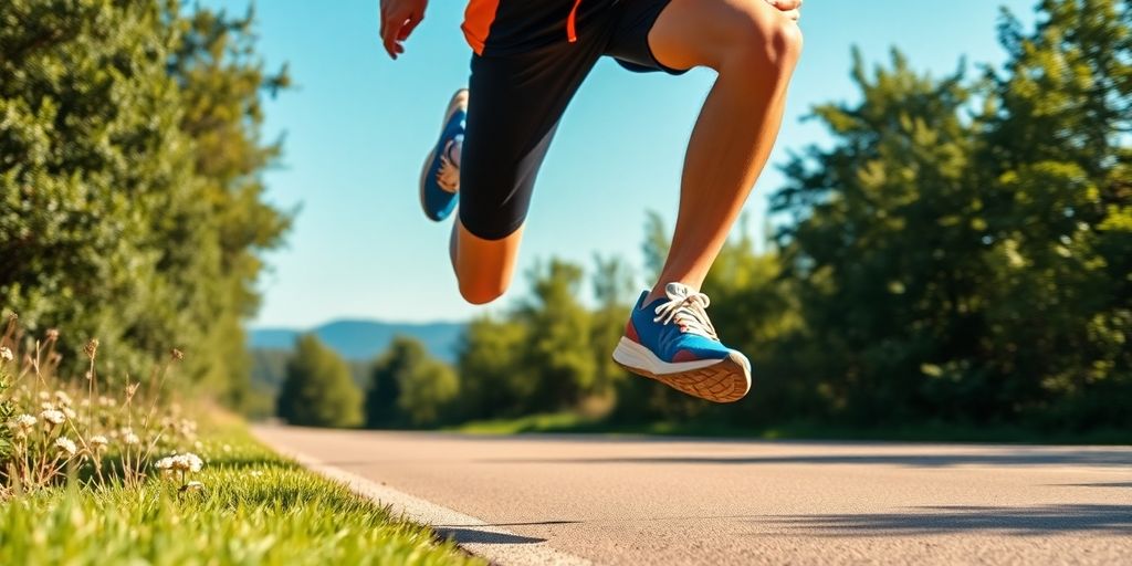 Runner sprinting on a marathon route in nature.