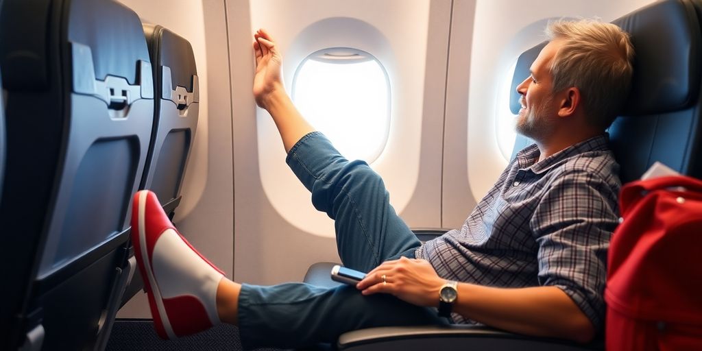 Person stretching legs on airplane seat.