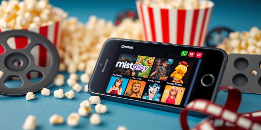 Smartphone with Mistplay app and Cinemark movie elements.