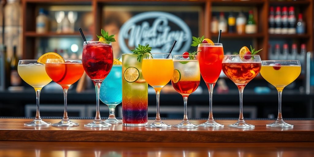 Colorful cocktails arranged on a bar top for enjoyment.