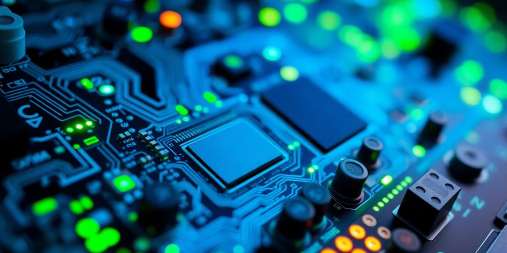 Close-up of a glowing computer circuit board.