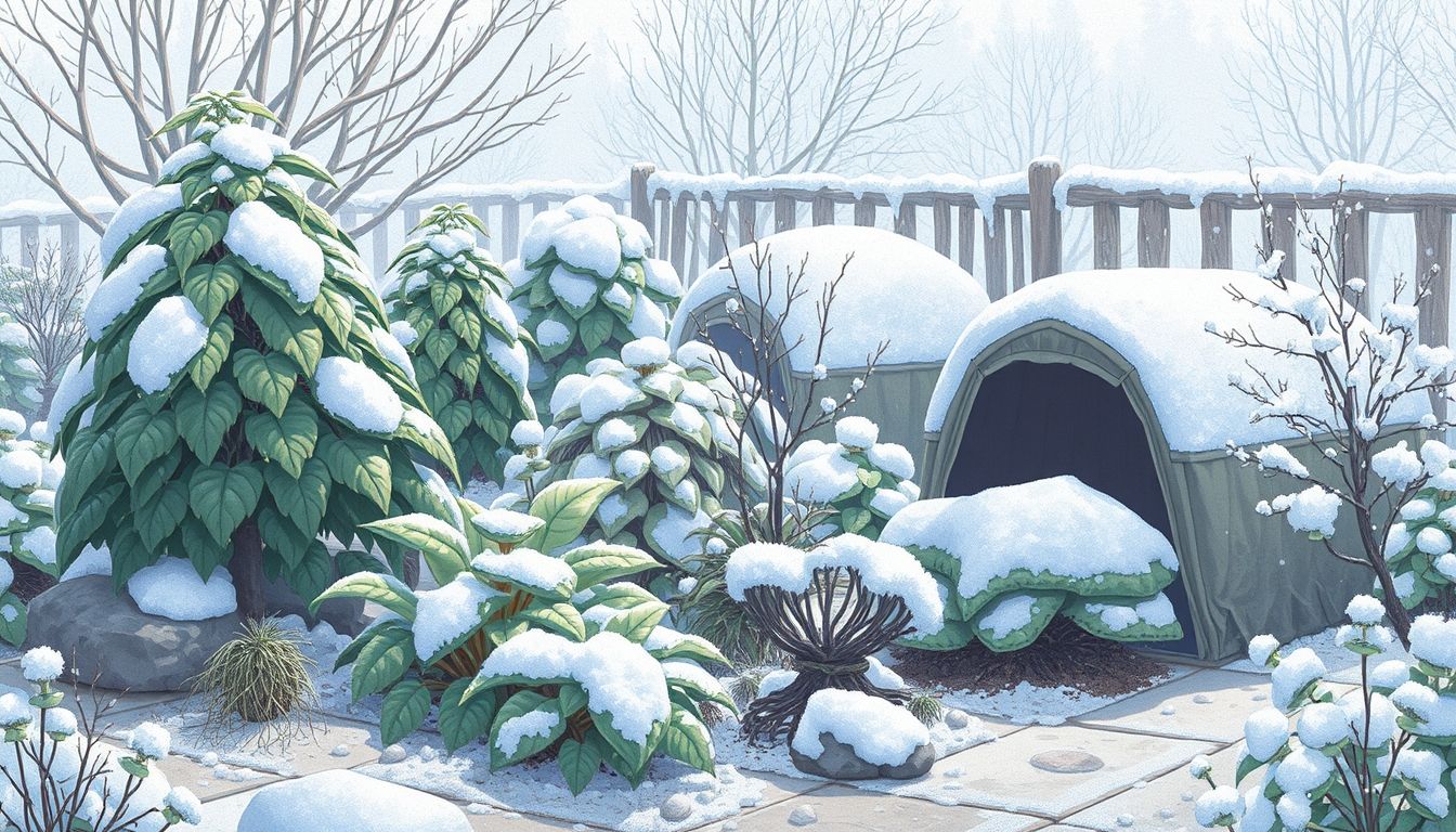 Winter garden with snow-covered plants and protective coverings.