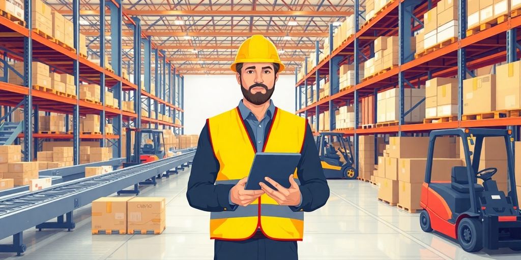 Manager surveys bustling warehouse operations.