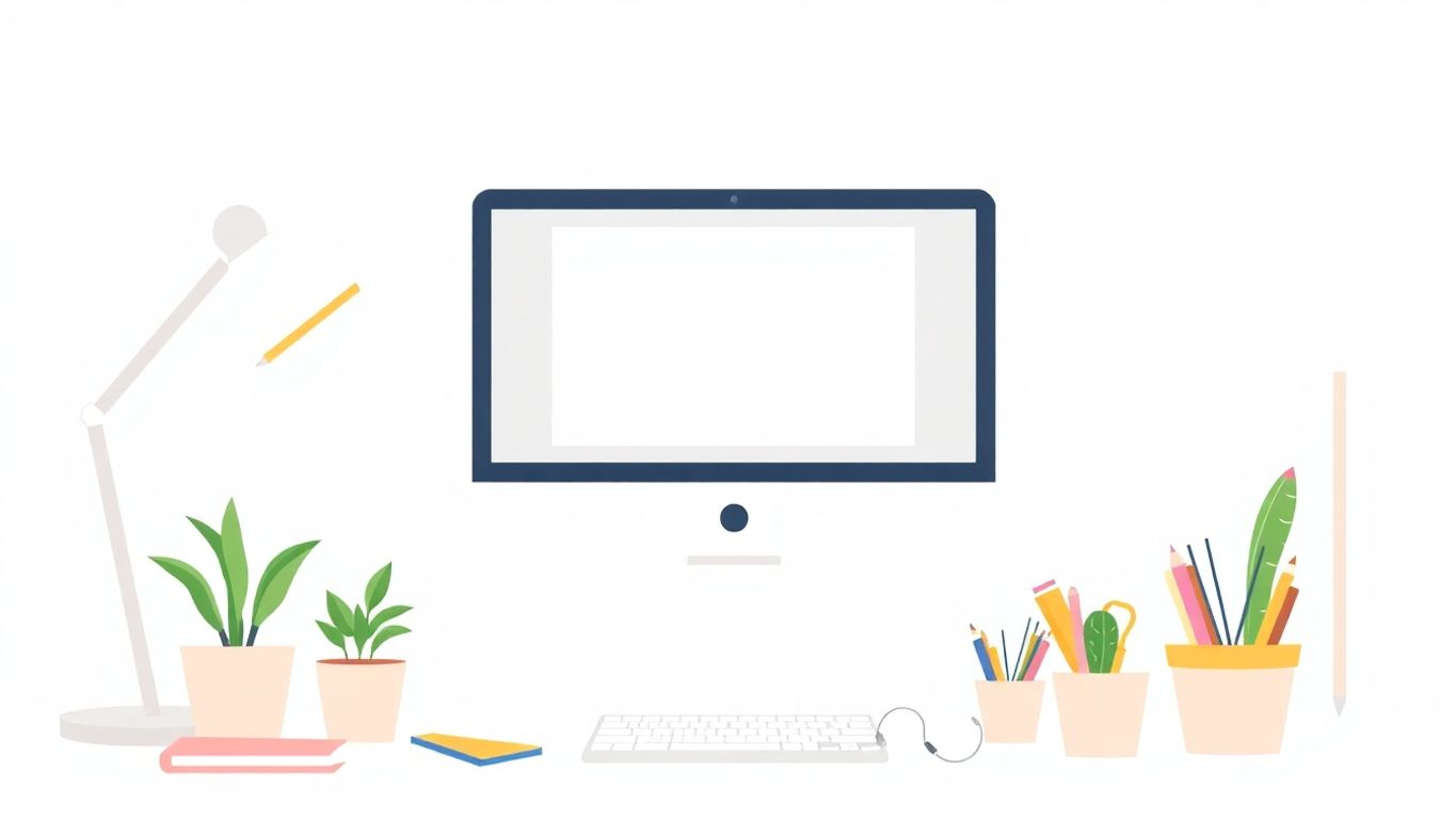 Illustrasjon av et kreativt arbeidsområde med moderne detaljer.