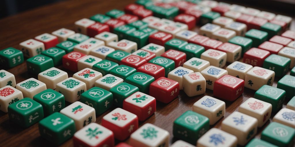 Mahjong tiles with various symbols neatly arranged in rows.