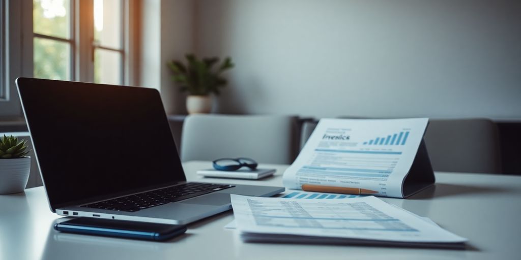 A laptop and financial documents in a modern workspace.