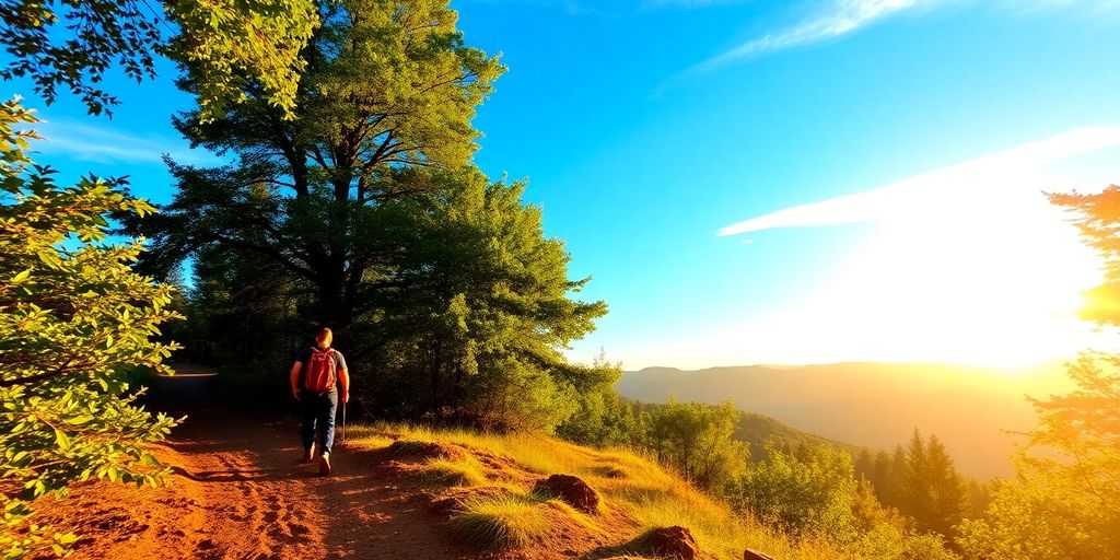 Hiker walking on mountain trail at sunset.