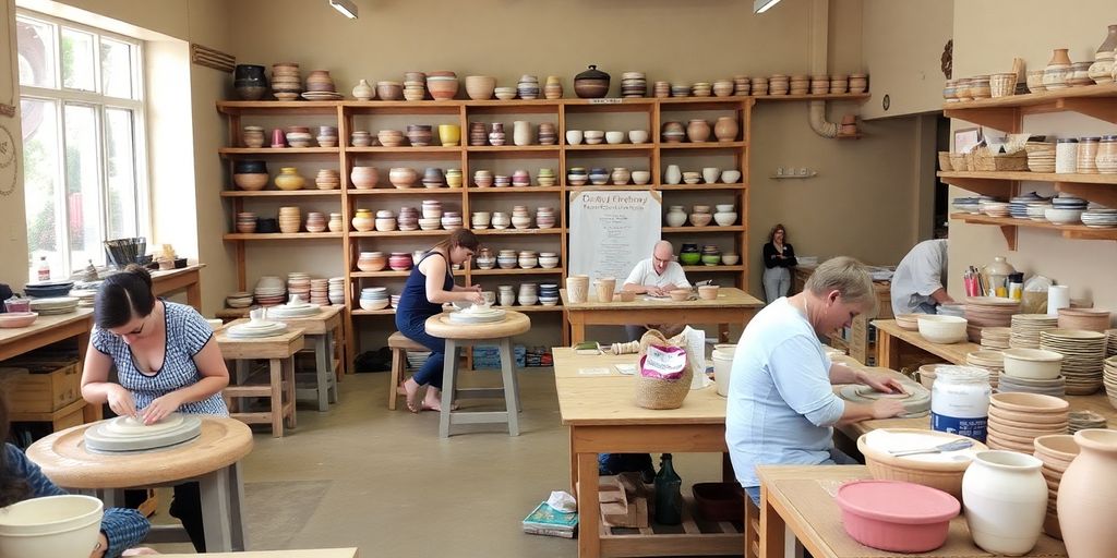 Artists shaping clay in a vibrant pottery studio.