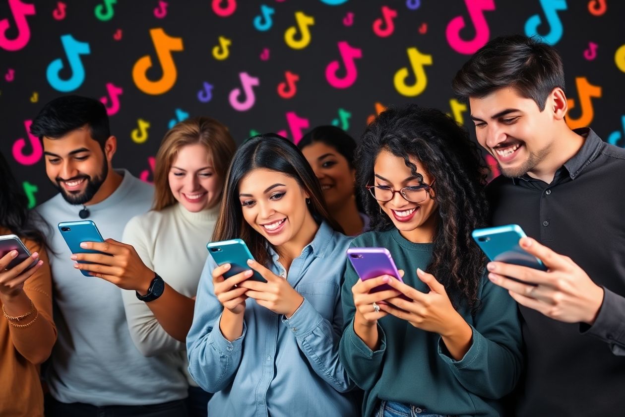 Diverse people interacting with smartphones on TikTok.