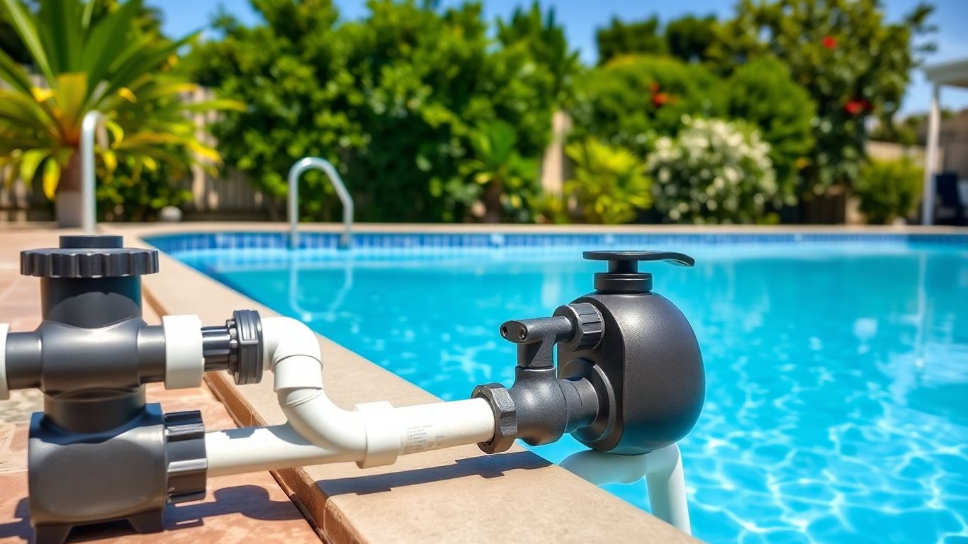 Australian backyard pool with visible plumbing and filter system
